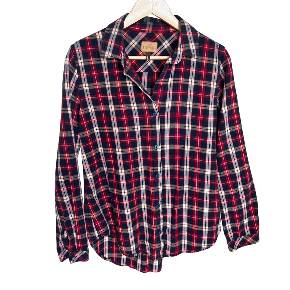 Driftwood Sam Red Blue Plaid Cotton Ling Sleeve Embroidered Flannel SZ L